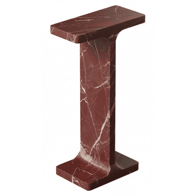 A monolithic pedestal table sculpted from red marble, featuring a flat rectangular top and base connected by a thick, central vertical support. The design is simple and geometric, with gently rounded edges where the vertical support meets the top and base. The marble exhibits prominent white and lighter red veining throughout its rich, dark red surface. — 3D model (AI enhanced source)