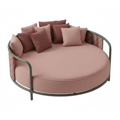 A contemporary outdoor circular daybed featuring a dark green metal frame, a woven backrest in variegated tones of pink and brown, and a large round cushion with multiple throw pillows in shades of pink and rose. The base cushion and some pillows have a textured fabric finish, while others are solid. — 3D model (AI enhanced source)
