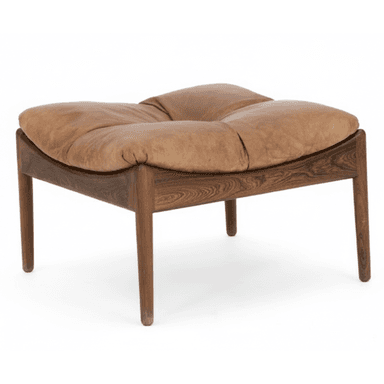 A Mid-Century Modern ottoman featuring a dark-grained rosewood frame with elegantly curved rails and tapered round legs, supporting a plush, light brown tufted leather cushion. — 3D model (AI enhanced source)