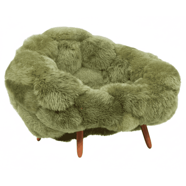 A plush, oversized armchair with a distinctive, organic, bulbous form. The upholstery appears to be made of a shaggy, long-pile faux fur or sheepskin in a muted olive green hue. The seat and back are not distinctly separated, creating a continuous, enveloping shape. The chair is supported by three short, tapered wooden legs with a natural finish. — 3D model (AI enhanced source)