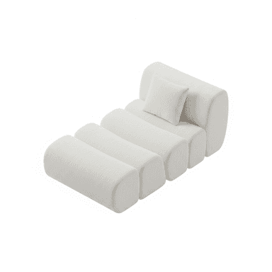 A modern, minimalist chaise lounge featuring a segmented design, upholstered in a textured, off-white bouclé fabric. It has an integrated backrest and is accompanied by a small, matching throw pillow. — 3D model (AI enhanced source)