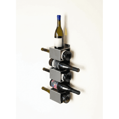 A minimalist wall-mounted wine rack made of brushed metal, designed to store multiple wine bottles horizontally and feature one bottle vertically on top. The rack consists of stacked rectangular modules, each capable of holding one bottle. — 3D model (AI enhanced source)