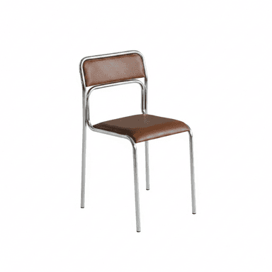 A modern chair with a tubular chrome-plated metal frame and brown upholstered seat and backrest. The frame consists of four legs, a seat support structure, and a backrest frame that connects to the rear legs. The seat and backrest appear to be padded and covered in a faux leather or vinyl material. — 3D model (AI enhanced source)