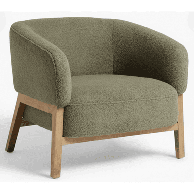 A modern armchair featuring a rounded, fully upholstered seat and back in olive green boucle fabric, supported by an exposed light-toned wooden frame. — 3D model (AI enhanced source)