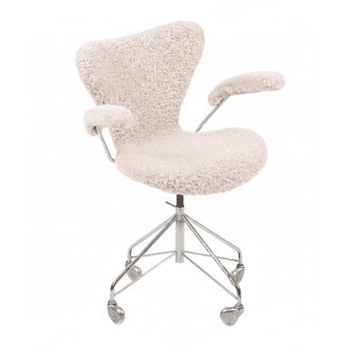 A modern armchair upholstered in a textured, off-white fuzzy fabric. It features a distinctive winged backrest and integrated armrests. The chair is supported by a slender, polished metal base with five legs, each terminating in a castor wheel, suggesting mobility. The base connects to a central column which allows for height adjustment. — 3D model (AI enhanced source)