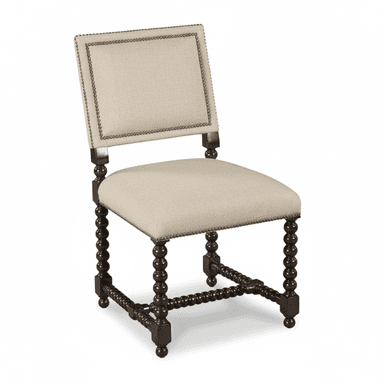 An armless side chair with a dark bobbin-turned wooden frame and light beige upholstered seat and back, accented with nailhead trim. — 3D model (AI enhanced source)