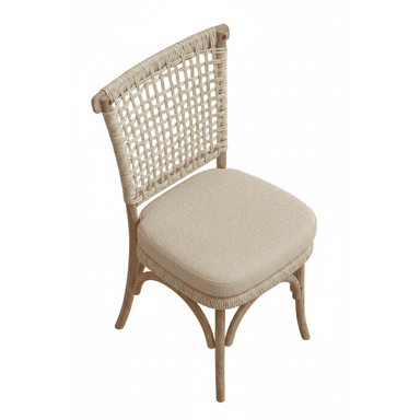 A dining chair with a woven rope backrest and a cushioned seat. The frame and legs are made of wood with a natural finish. The backrest features a diamond-shaped woven pattern. — 3D model (AI enhanced source)