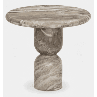 A modern sculptural side table crafted entirely from veined marble, featuring a round top and a distinctive stacked bulbous base. — 3D model (AI enhanced source)