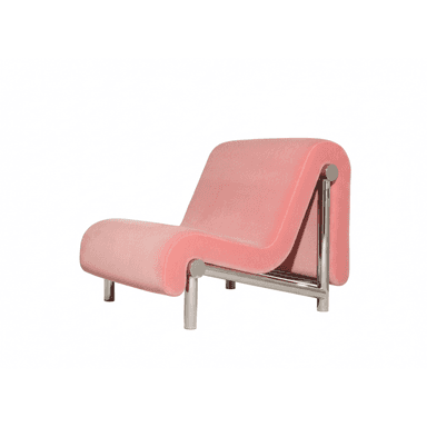 A postmodern lounge chair featuring an S-shaped upholstered form in pink velvet, supported by a polished chrome-plated metal frame. The design is contemporary with a distinct sculptural silhouette. — 3D model (AI enhanced source)