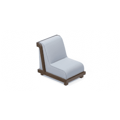 A contemporary low-profile, armless lounge chair featuring a light blue upholstered seat and backrest, elegantly framed by a dark brown wooden structure. The upholstery has a subtle textured pattern and light blue piping along its edges, contrasting with the smooth, rounded corners of the wooden frame. The chair rests on small, recessed wooden feet. — 3D model (AI enhanced source)