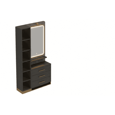 This is a modern dark wood vanity or dressing table featuring a rectangular mirror with integrated LED lighting. The unit includes three drawers with brass-colored bar pulls, open shelving on one side, and a small, articulated brass-colored lamp above the mirror. The base also has a metallic accent. — 3D model (AI enhanced source)