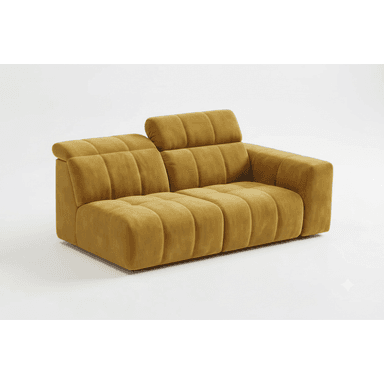 A compact, modern two-seater loveseat upholstered in mustard yellow velvet fabric. It features distinctive channel-tufting across the seat, back, arms, and base, giving it a modular and plush appearance. One side of the backrest is equipped with an adjustable headrest for added comfort. The design has a low profile, offering a contemporary aesthetic. — 3D model (AI enhanced source)