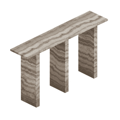 A long, narrow console table made entirely from a natural stone resembling travertine, characterized by its distinct banded patterns and earthy tones. The design is minimalist, featuring a rectangular top supported by two thick, rectangular slab legs. — 3D model (AI enhanced source)