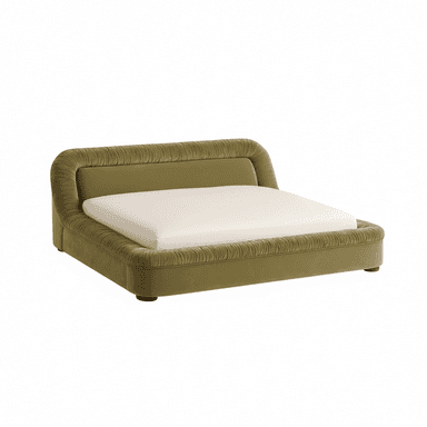 A contemporary platform bed featuring extensive olive green pleated upholstery across its integrated headboard and frame. The headboard curves gently, wrapping around the top edge, and the pleated detail extends along the side rails, creating a soft, textured appearance. The bed sits low to the ground on small, discreet feet, and a white mattress is shown resting directly on the platform. — 3D model (AI enhanced source)