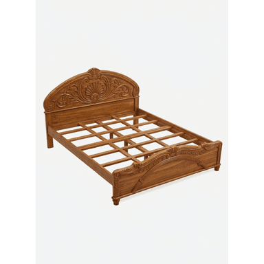 A traditional wooden bed frame, likely a double or queen size, featuring extensive ornate carvings on both the headboard and footboard. The headboard is significantly taller and more elaborate, with a central seashell motif surrounded by acanthus leaves and scrolls. The footboard has similar, though less pronounced, carved detailing. The frame includes a grid of wooden slats designed to support a mattress directly, indicating it does not require a box spring. The wood has a warm, medium brown finish. — 3D model (AI enhanced source)
