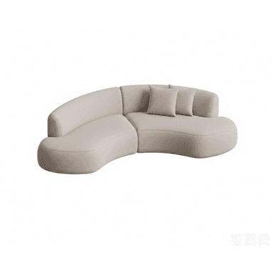 A contemporary modular sectional sofa featuring an organically curved silhouette and upholstered in a light beige, subtly textured fabric. The sofa comprises two main sections that connect to form a broad, flowing seating arrangement, ideal for modern living spaces. It is designed with a low profile and includes two matching throw pillows. — 3D model (AI enhanced source)