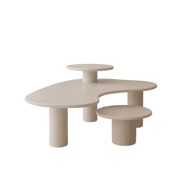 A sculptural, organic modern multi-level coffee table featuring an elongated kidney-shaped main surface and two smaller, elevated circular platforms. The entire piece is rendered in a uniform pale beige matte finish, supported by thick, cylindrical pedestal bases. — 3D model (AI enhanced source)