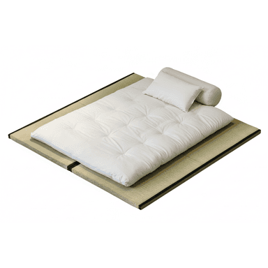 A traditional Japanese futon mattress set, comprising a white, tufted futon mattress, a rectangular pillow, and a cylindrical bolster, all placed atop two woven tatami mats. The tatami mats have black fabric borders and form a low-profile platform for the bedding. The entire arrangement is presented against a white background, highlighting its minimalist design. — 3D model (AI enhanced source)