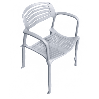 A light gray plastic armchair featuring a contemporary design with a slatted backrest and seat. The chair has integrated armrests that curve smoothly from the back. Its legs are slender and slightly irregular, contributing to an organic or sculptural aesthetic. The overall appearance is lightweight and modern, suitable for both indoor and outdoor use. — 3D model (AI enhanced source)