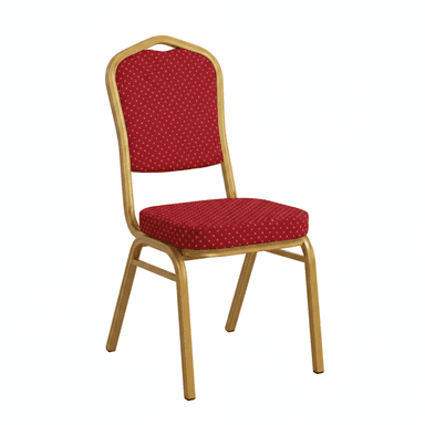 A classic banquet-style chair featuring a durable gold-finished metal frame and red upholstered seat and backrest. The upholstery has a subtle dotted pattern, and the chair's design suggests stackability for event use. The backrest has a rounded, arch-like top edge, and the legs are straight with plastic glides at the bottom. — 3D model (AI enhanced source)