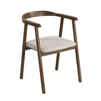 A modern dining armchair crafted from dark wood with a curved backrest and integrated armrests, featuring a light beige upholstered seat cushion. — 3D model (AI enhanced source)