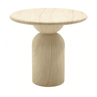 A minimalist side table crafted entirely from light beige travertine, featuring a round top supported by a sculptural, multi-sectioned pedestal base. — 3D model (AI enhanced source)