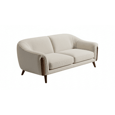 A compact two-seater sofa upholstered in a light-colored, textured boucle fabric, featuring a curved backrest and armrests, with exposed dark wood side accents and tapered wooden legs. — 3D model (AI enhanced source)