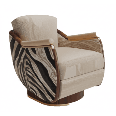 A luxurious lounge chair featuring a distinctive abstract zebra-print patterned exterior, upholstered in a light-colored, textured fabric for the seat and inner back. It has a curved, dark wood frame with brass accents and a cylindrical swivel base. — 3D model (AI enhanced source)