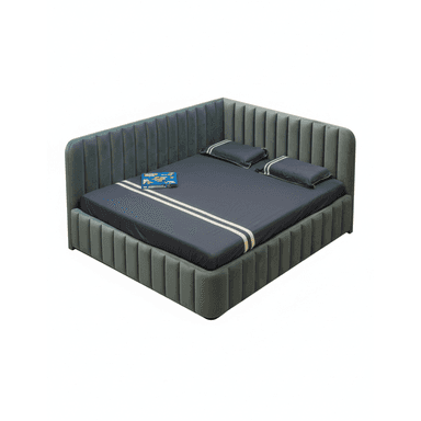 A modern platform bed featuring a distinctive wraparound headboard and footboard design. The entire frame is upholstered in a dark teal or green fabric with vertical channel tufting, creating a fluted effect. The headboard extends around two sides, forming a corner, and has gently rounded edges. The bed is presented with dark gray bedding and two pillows, suggesting a contemporary bedroom aesthetic. — 3D model (AI enhanced source)