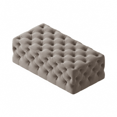 A rectangular upholstered ottoman featuring deep tufting across all visible surfaces, presented in a neutral taupe or light beige color. The item is entirely covered in what appears to be a soft, possibly velvet or suede-like fabric, with no exposed legs or base visible in the image. The tufting creates a regular pattern of depressions and folds, characteristic of Chesterfield-style furniture, giving it a classic and luxurious aesthetic. The proportions suggest it could serve as a footrest, extra seating, or a soft coffee table alternative. — 3D model (AI enhanced source)