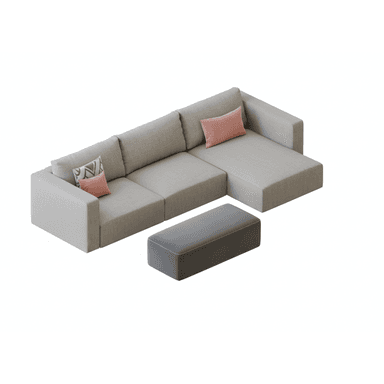 A sectional sofa with a chaise lounge extension and a matching ottoman. The sofa is upholstered in a light grey textured fabric and features clean lines and a low profile. It includes two decorative throw pillows: one solid pink and one with a geometric pattern in shades of grey and pink. The ottoman is rectangular and upholstered in a dark grey fabric with a subtle piped edge. — 3D model (AI enhanced source)