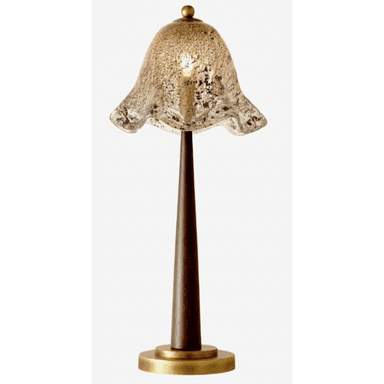 A transitional style table lamp featuring a dark tapered wood stem, a circular brass base, and a bell-shaped glass shade with a speckled, antique-gold finish. A small brass finial tops the lamp. — 3D model (AI enhanced source)