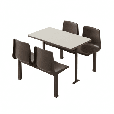 A brown and tan integrated cafeteria dining set featuring a rectangular laminate tabletop and four molded plastic seats (two individual chairs and a two-person bench), all attached to a dark brown metal frame. — 3D model (AI enhanced source)