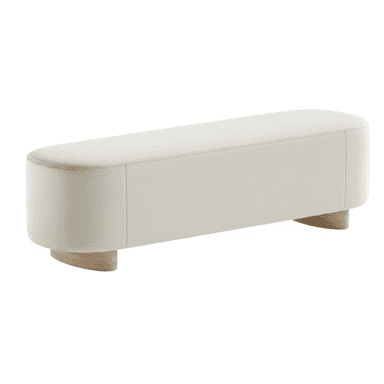 A rectangular upholstered bench with rounded corners and base. The bench features a smooth, seamless top surface and a thick, softly rounded side profile. It is supported by two low-profile, curved wooden bases that are integrated into the structure. — 3D model (AI enhanced source)