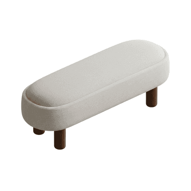 A modern upholstered bench featuring an elongated oval form factor, covered in a light-colored, textured fabric, and supported by four short, cylindrical wooden legs. — 3D model (AI enhanced source)