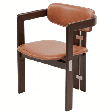 A modern armchair featuring a dark brown wooden frame with integrated armrests and a padded seat and backrest upholstered in cognac-colored faux leather. The chair exhibits clean, rectilinear lines for its frame components, which are visibly joined by metal plates and screws on the exterior of the rear legs. The backrest has a gentle curve at the top, and all wooden edges appear to be subtly rounded. The upholstery is smooth and unadorned. — 3D model (AI enhanced source)