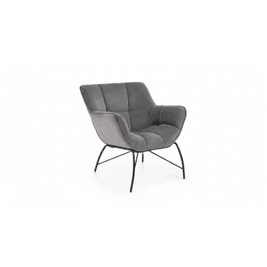 A contemporary lounge chair upholstered in gray quilted velvet, supported by slender, splayed black metal legs. — 3D model (AI enhanced source)
