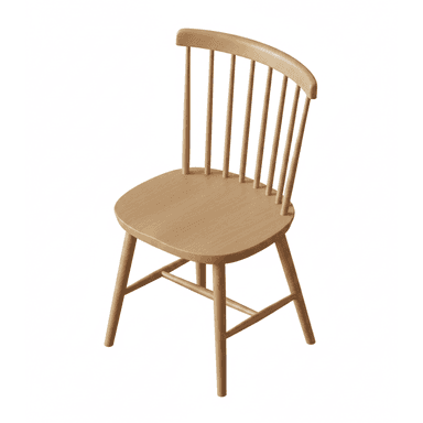 A light natural wood chair with a spindle back and a gently curved top rail, featuring a contoured saddle seat and splayed round legs joined by stretchers. — 3D model (AI enhanced source)