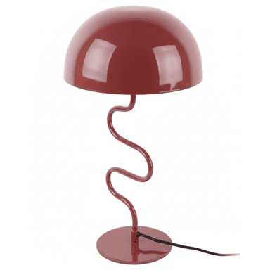 A modern table lamp featuring a monochromatic burgundy red finish. It has a smooth, dome-shaped shade and a distinctive wavy, serpentine stem that rises from a circular base. The design is playful and sculptural, with a simple black power cord extending from the base. — 3D model (AI enhanced source)