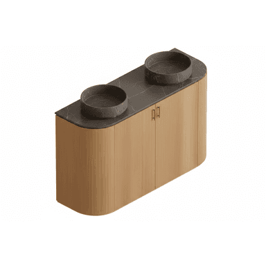 A modern double bathroom vanity featuring a cabinet with a fluted light wood finish and a dark, marble-patterned countertop with two integrated circular stone basins. The cabinet has rounded ends and two small gold-toned handles. — 3D model (AI enhanced source)