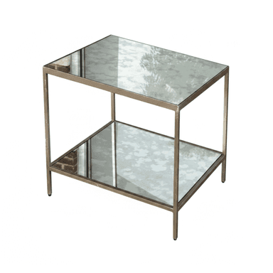 A rectangular two-tiered table featuring an antiqued brass-tone metal frame and two mirrored shelves with a distressed finish. — 3D model (AI enhanced source)