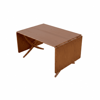 A rectangular Mid-Century Modern drop-leaf gateleg dining table crafted from medium-toned wood, likely teak. The table features two hinged leaves that can be folded down to save space, supported by a gateleg mechanism when extended. The visible wood grain is warm with a semi-gloss finish, and the design is characterized by clean lines and functional versatility typical of the era. — 3D model (AI enhanced source)