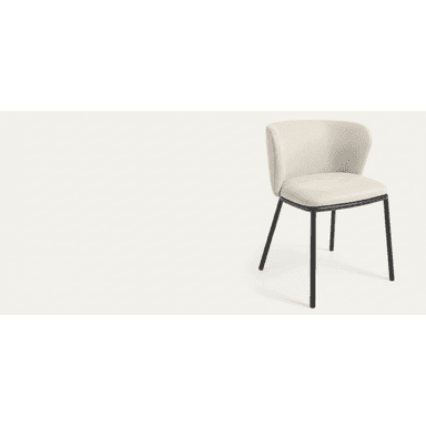 An off-white upholstered dining chair featuring a contemporary design. The chair has a curved backrest that seamlessly integrates into subtle armrests, all covered in a textured, light-colored fabric. It is supported by a slender black metal frame with four tapered legs, providing a minimalist and sturdy base. The design emphasizes comfort and clean lines, suitable for modern interior settings. — 3D model (AI enhanced source)