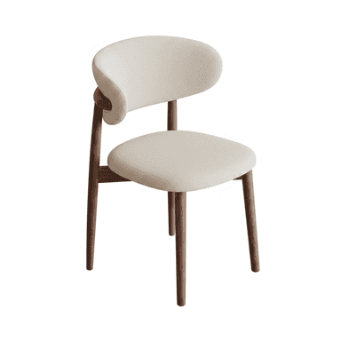 A modern dining chair with a curved backrest and a padded seat. The frame and legs are made of dark wood, with a distinct grain visible. The upholstery is a light, textured fabric. The backrest features a unique wooden accent connecting it to the frame. — 3D model (AI enhanced source)