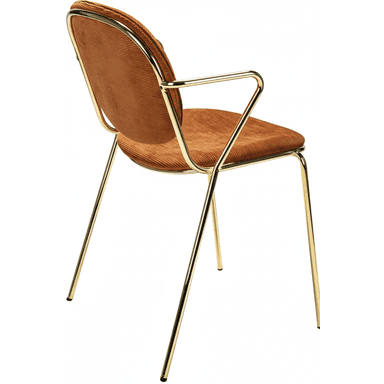 A modern armchair featuring a polished gold-finished tubular metal frame and rust-colored corduroy upholstery on the seat and backrest. — 3D model (AI enhanced source)