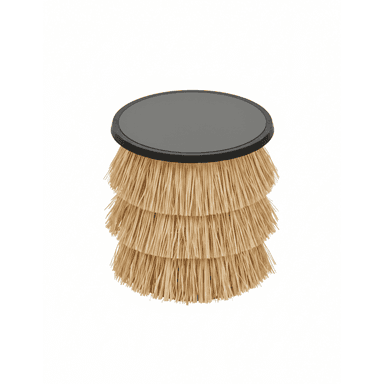 A compact side table featuring a dark, round tabletop supported by a tiered base made of natural, straw-like fibers. — 3D model (AI enhanced source)