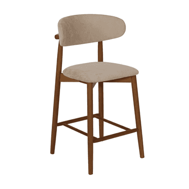A modern bar stool featuring a solid wood frame with splayed legs and cross stretchers, providing stability and a footrest. The seat and curved backrest are upholstered in a light beige fabric, offering comfortable seating. The backrest is designed with a gentle curve, attaching to the frame with two visible supports. — 3D model (AI enhanced source)