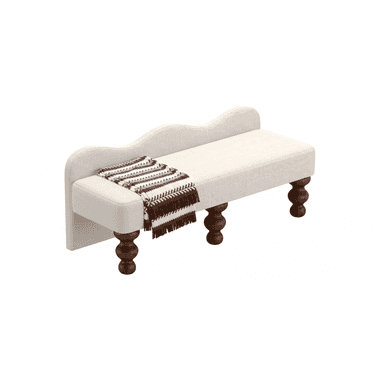 A contemporary upholstered bench featuring a distinct scalloped or wavy backrest. The bench is covered in a light, textured fabric, likely an off-white or cream linen blend. It stands on four dark, turned wooden legs, providing a classic contrast to the modern lines of the upholstered body. A brown and white striped throw blanket is draped over one end of the bench, adding a touch of warmth and texture. — 3D model (AI enhanced source)
