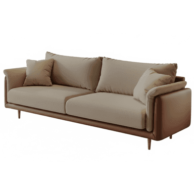 A modern three-seater sofa featuring a two-tone design with light beige fabric for the seat and back cushions, and brown leather-like material for the base and exterior armrests. The sofa has a sleek silhouette with gently rolled armrests and rests on slender, tapered wooden legs. It includes multiple loose back cushions and accent pillows. — 3D model (AI enhanced source)