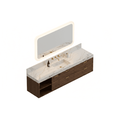 A modern, wall-mounted floating bathroom vanity set featuring dark walnut wood cabinetry, a white marble countertop with an integrated trough sink, and gold-finished brass hardware. Above the vanity is a sleek, rectangular mirror with integrated LED backlighting. The vanity cabinet includes a combination of drawers and open shelving for storage. Two wall-mounted brass faucets are positioned over the sink. — 3D model (AI enhanced source)